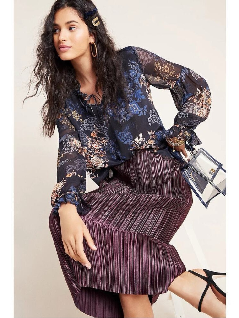 Anthropologie Navy Floral Sheer Tie-Neck Blouse